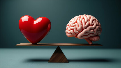 Heart and Brain on Scales: Balancing Emotion and Logic in Decision Making - Stock Photo Concept