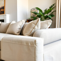 Detail shot of a greige couch in a living room