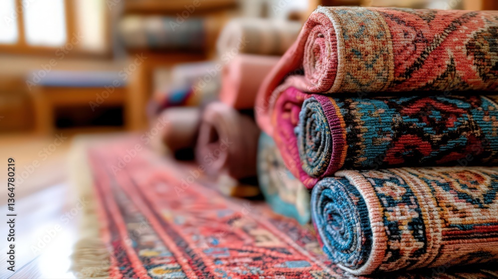 Poster rolled rugs displaying intricate patterns and vibrant colors