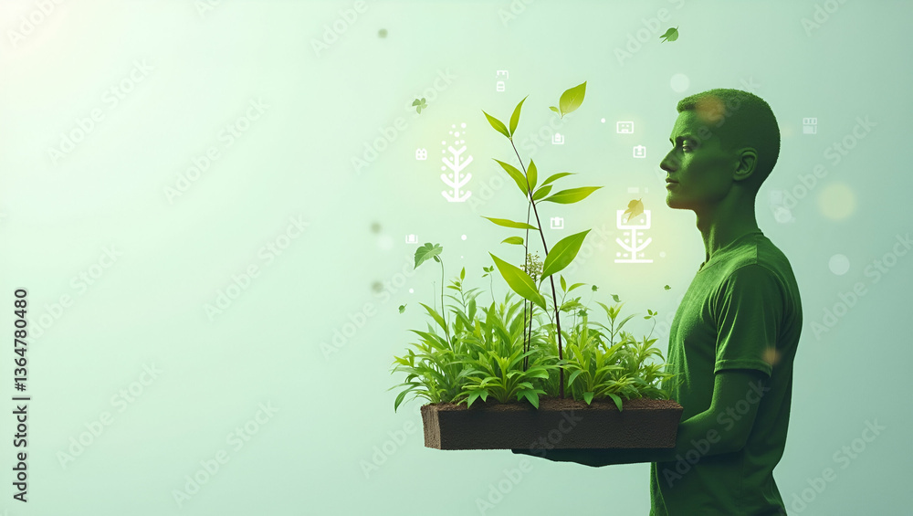 Poster 3d flat icon of individual merging with smart garden system: tech-enhanced gardening solutions in do