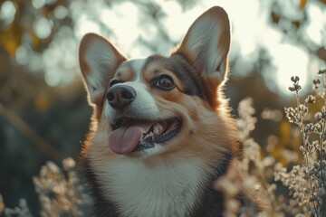 Obraz premium A detailed close up image of a corgi dog with its tongue hanging out