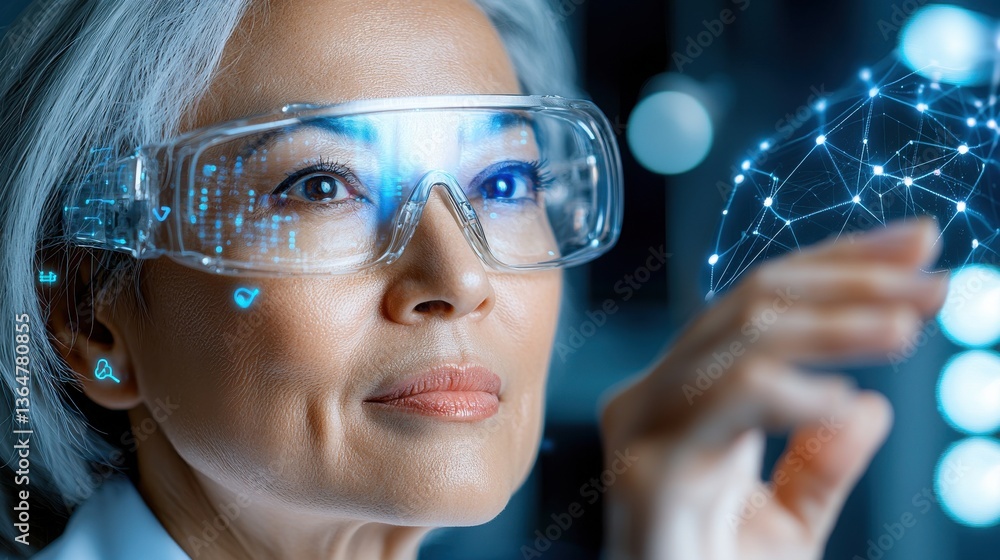 Poster futuristic woman wearing advanced virtual reality glasses examining and interacting with a high tech