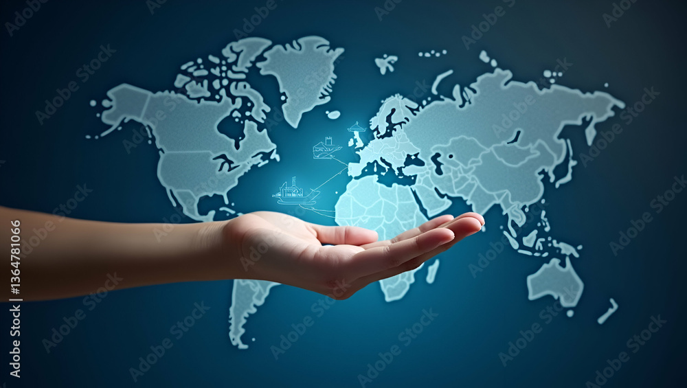 Poster flat hand interacting with holographic beach resorts map for family trips with empty space backgroun