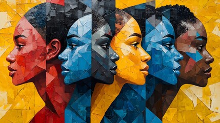 Colorful mosaic portrait of five women in profile