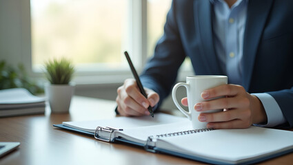 3D Flat Icon: Individual with Office Desk, Coffee Mug & Planner in Double Exposure