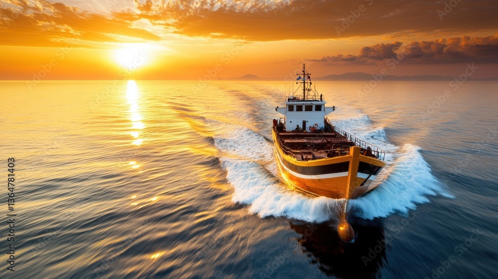 Poster vibrant sunset over the tranquil open ocean with a speeding motorboat cutting through the waves and 