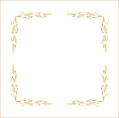 Elegant yellow ornamental frame with cereal spikelets, wheat ears, decorative border, corners for greeting cards, banners, business cards, invitations, menus. Isolated vector illustration.	

