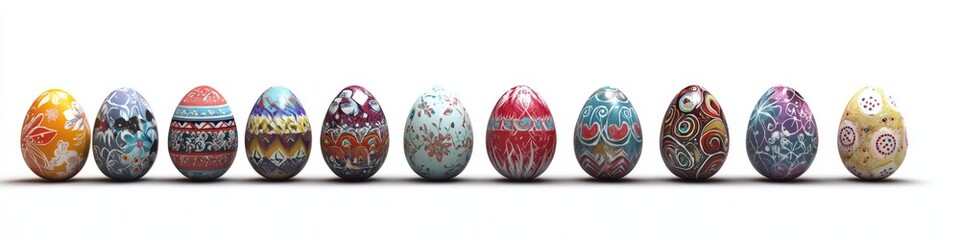 Colorful easter eggs are lined up on a white background