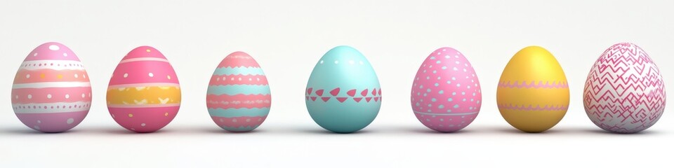 Colorful easter eggs are lined up on a white background