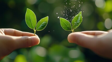 Hands Watering Young Leaves in Nature