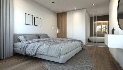 Modern bedroom design featuring a bed and adjacent bathroom area