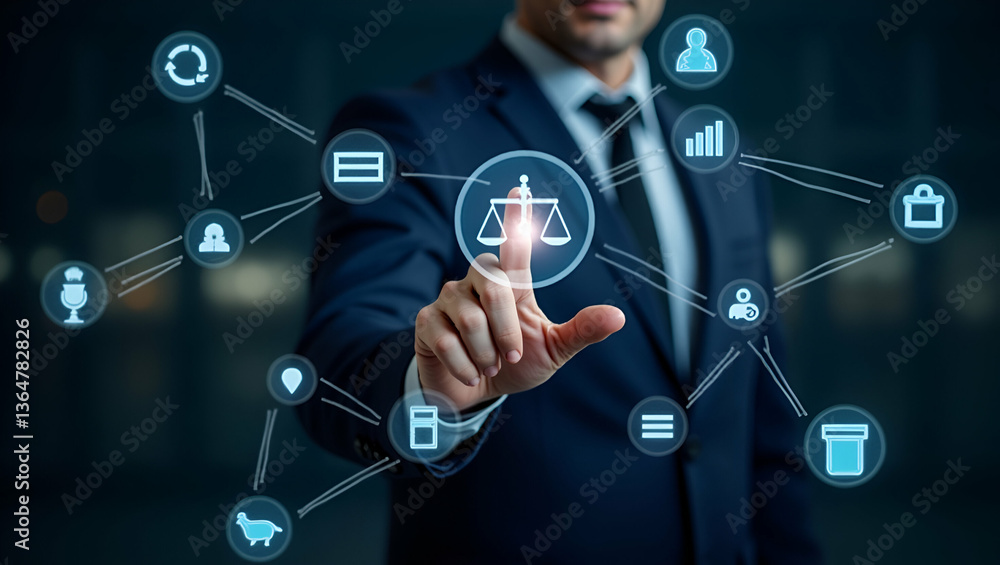 Poster flat man touches holographic icons of justice ai copyright and regulations on digital interface symb