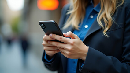 Woman Using Smartphone on City Street with Social Media Icons - Digital Connectivity Concept