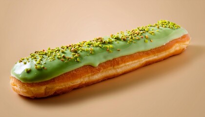 Long John Pistachio Donut with Glaze Toping on Cream Background Isolated