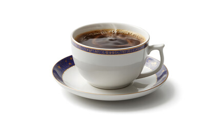 Fototapeta premium Turkish Coffee in Elegant Porcelain Cup with Blue and Gold Patterns on White Background