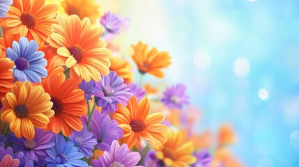 Fototapeta premium Colorful wildflower meadow with orange daisies under blue sky