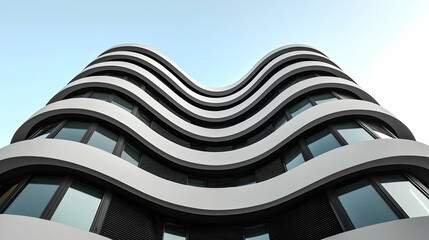 Abstract Modern Building Facade with Gray and White Wavelike Curves