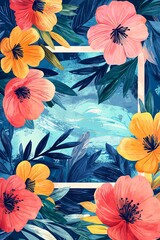 Vertical Colorful spring floral pattern with hand-drawn flowers and greenery around a rectangular frame.