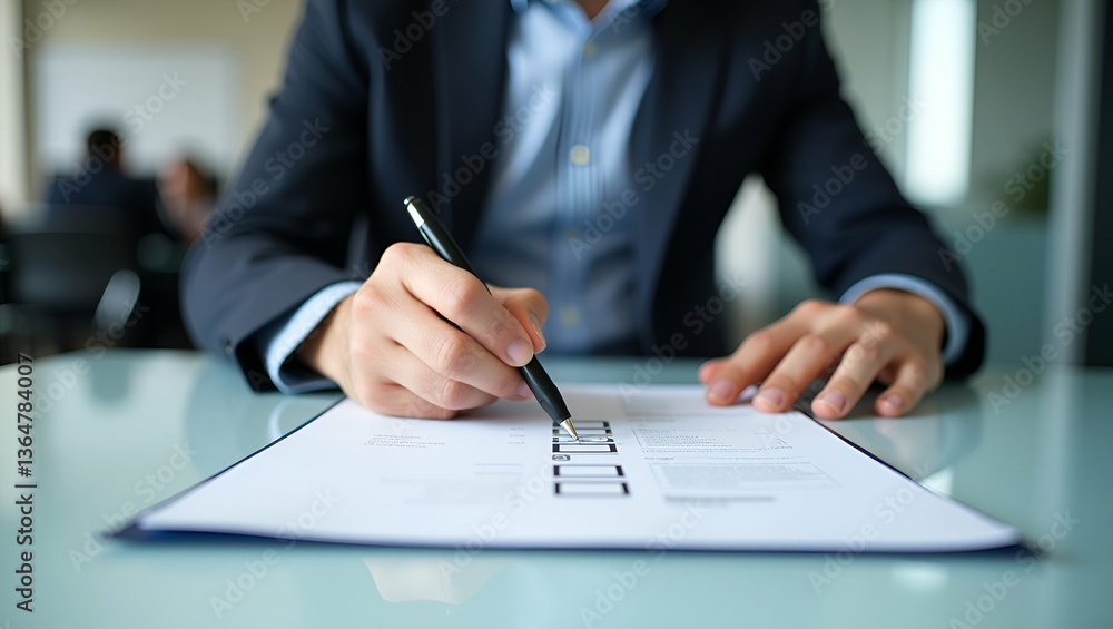 Poster businessman approving project concepts with quality document control checklist