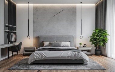 A stylish and modern bedroom interior with contemporary furnishings