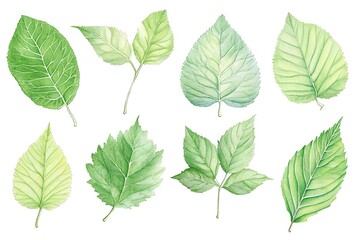 Watercolor Green Leaves Collection – Botanical Foliage with Realistic Veins & Shading