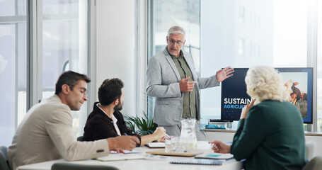 Presentation, team and mature businessman in office with sustainable company for farming investment. Discussion, meeting and financial manager with group of investors for agriculture planning.