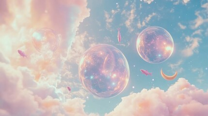 Floating Bubbles in Pastel Cloudscape