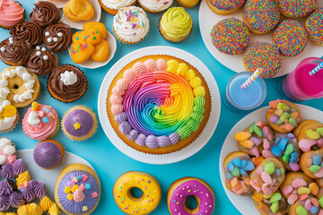 Colorful Rainbow Cake and Cupcake Party Table &ndash; Top View Dessert Flat Lay for Kids' Celebration
