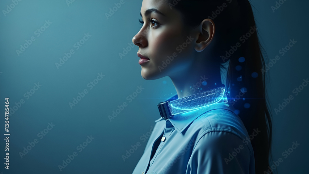 Poster 3d flat icon of a person with smart pet collar and tech overlay: double exposure symbolizing connect