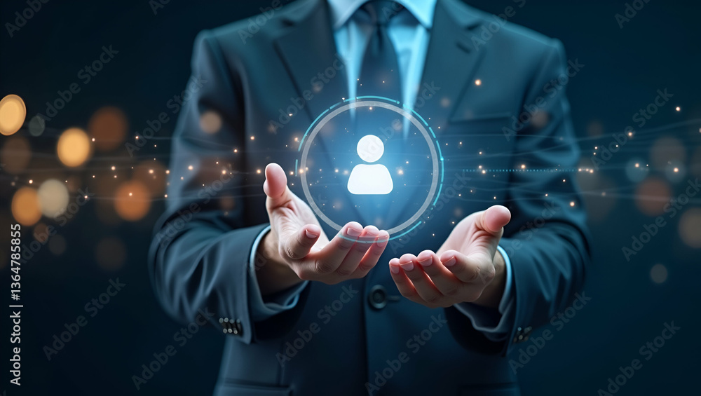Poster 3d flat icon of a person with smart lighting control and tech overlay: symbolizing intelligent light