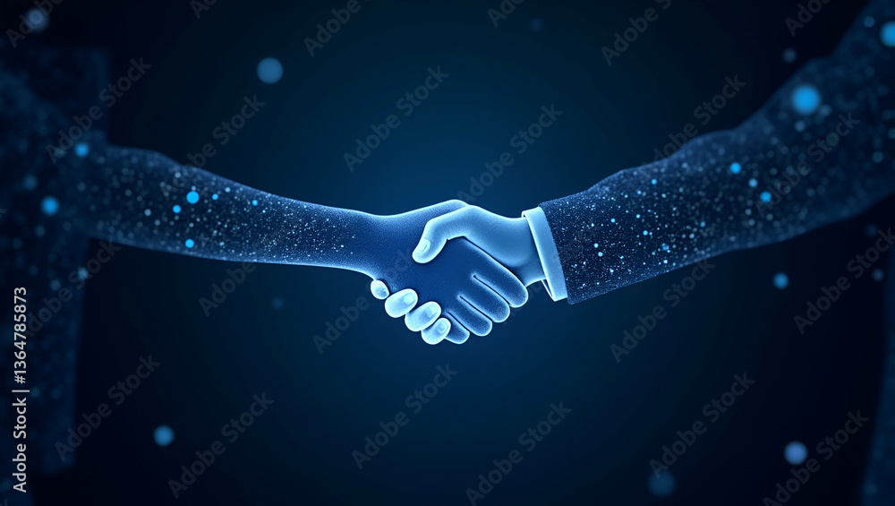 Poster abstract business handshake: glowing blue low poly wireframe design with particle triangles, symboli