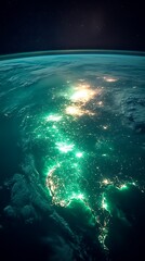 A digital depiction of Earth glowing with city lights at night