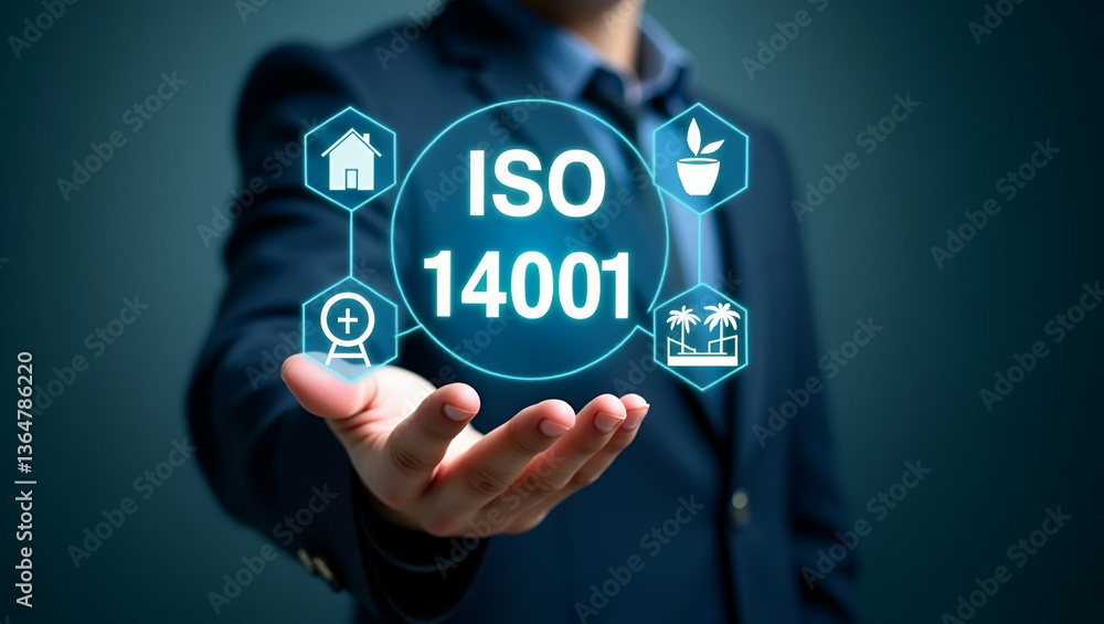 Poster Hand Interacting with Holographic ISO 14001 Certification Interface: Showcasing Environmental Management and Sustainability Icons in a Conceptual Photo Stock with Empty Space for Eco Practices