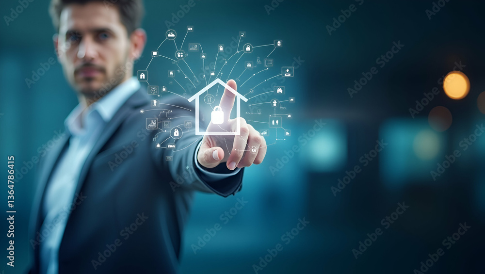 Poster smart security system: person with tech overlay for home security management