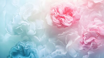 Fototapeta premium Soft pastel floral background, delicate pink and blue flowers blending with gentle clouds, ideal for romantic or serene themes.