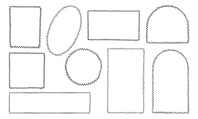 Zigzag Line Frame Shape Collection. A collection of 9 geometric frame shapes outlined with bold zigzag lines. Perfect for modern digital collages, layout accents or edgy poster designs.