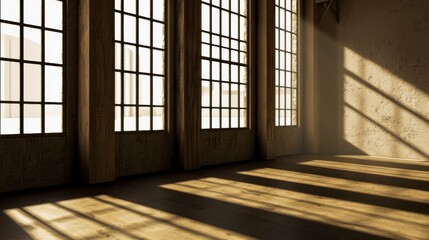 Warm sunlight streams through large wooden framed illuminating a minimalist empty room with hardwood floors.