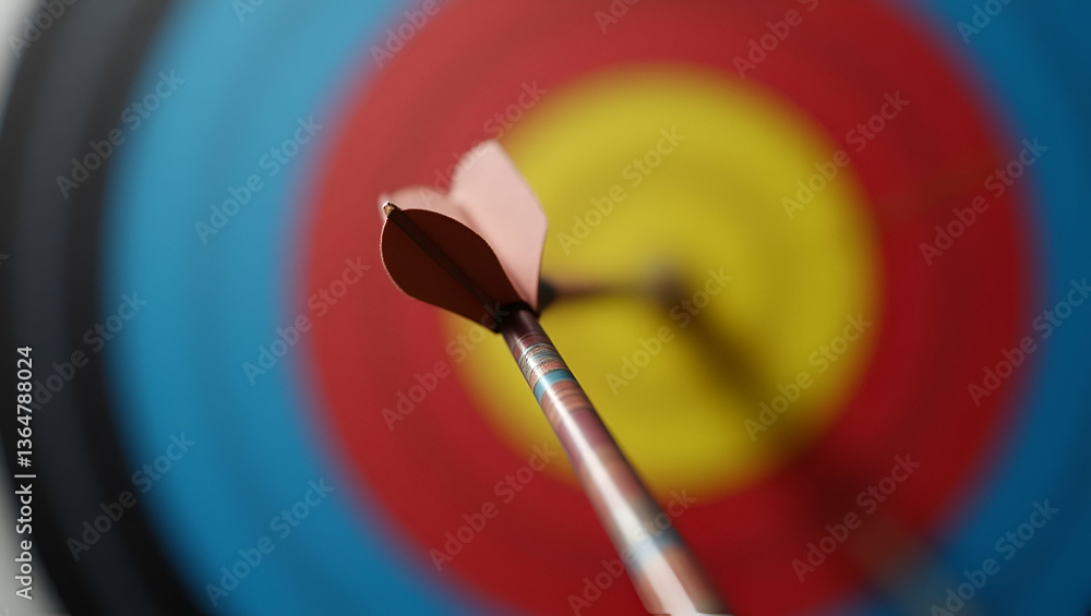Aufkleber flat close up of archery target with arrow hitting bullseye surrounded by blurred bows in foreground