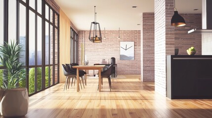 A modern open plan apartment boasts a stylish dining area with exposed brick walls and large offe a city view.