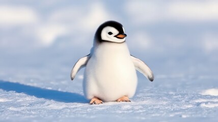 Fototapeta premium Adorable Fluffy Penguin Chick on Antarctic Snow