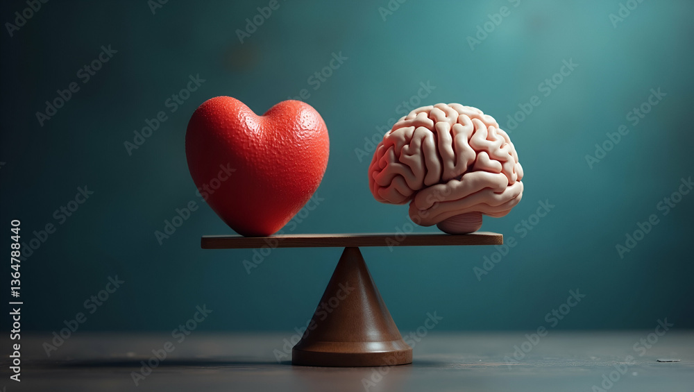Poster heart and brain on scales: balancing emotion and logic in decision making - stock photo concept