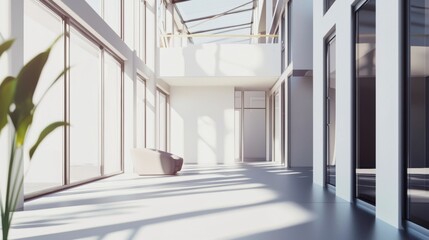 A spacious modern office hallway bathed in sunlight features large and a comfortable armchair.