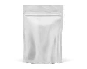 Foil pouch with zipper, doypack for food. Blank stand up plastic bags mockup. flex package with zip lock isolated on white background, 3d illustration
