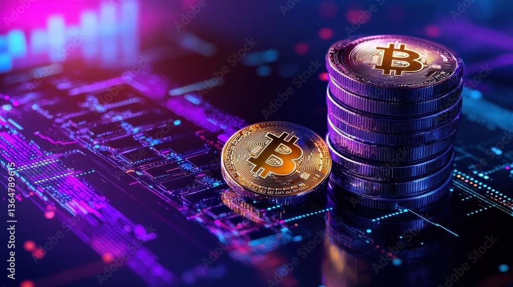 Poster closeup view of bitcoin cryptocurrency coins and abstract digital finance technology background conc