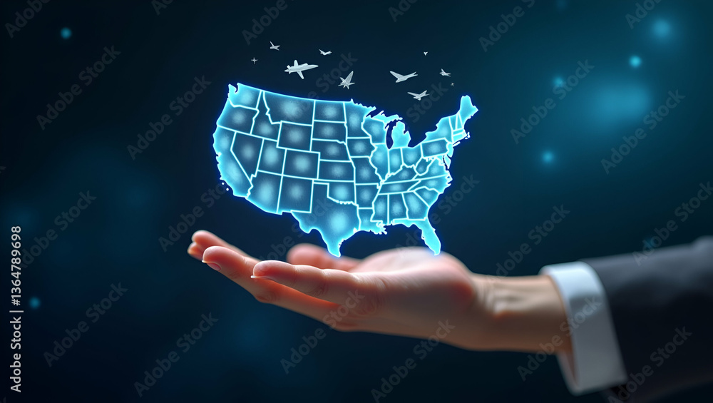 Poster flat hand exploring holographic usa landmarks map for family trips with empty space background conce