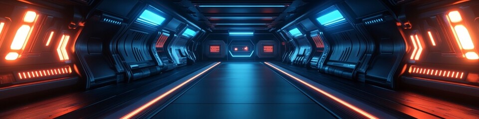 Futuristic Tunnel, Blue and Orange Neon Lights, Technology Concept., High Resolution Photography