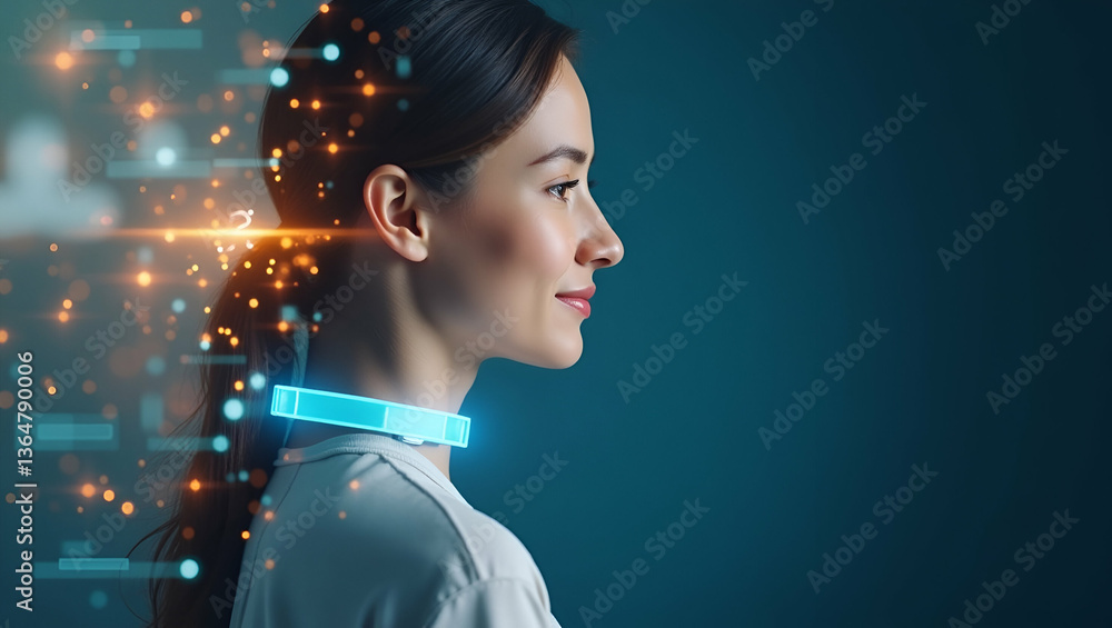 Poster 3d flat icon of a person with smart pet collar and tech overlay: symbolizing connected pet managemen