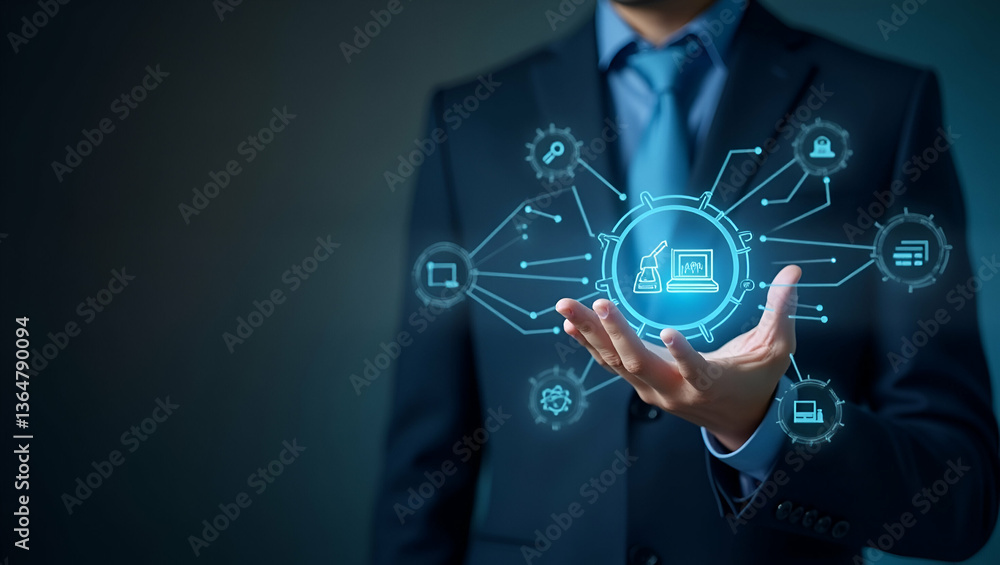 Poster individual with smart lighting control and digital interface overlay symbolizing smart lighting mana