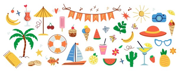 Summer, a set of elements: sun, pineapple, palm tree, dessert, ice cream, drink  art. Cartoon, minimalistic, abstract modern style. art template for  postcard, banner,  fruits, watermelon, lemon, png