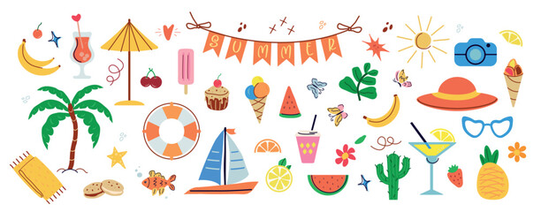 Summer, a set of trend elements: sun, pineapple, palm tree, dessert, ice cream, drinks. Fashionable modern art. Cartoon, minimalistic, abstract modern style. art template for summer postcards, banners